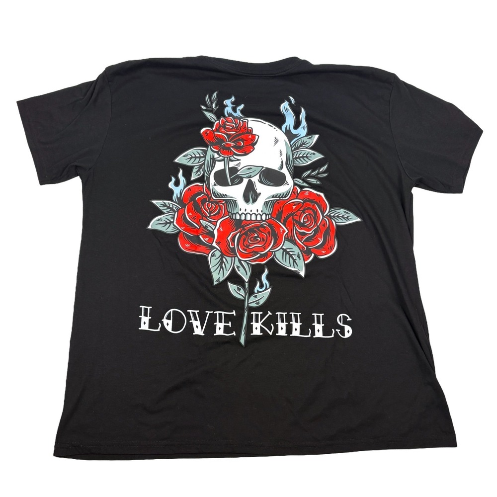 R GSTR Love Kills Graphic Tee Mens Sz 2XL Black Skull Rose Tattoo Flash Street‎